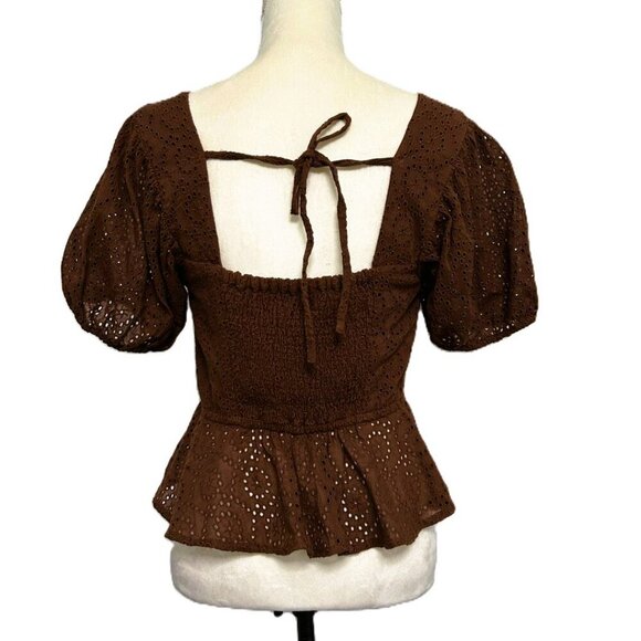 NWT Band of the Free Smocked Peplum Crop Cotton Eyelet Lace Top Size Small Brown - Picture 2 of 11